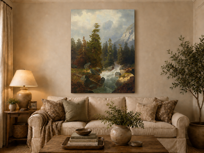 Peinture à l'huile de paysage - Forêt de montagne avec ruisseau.