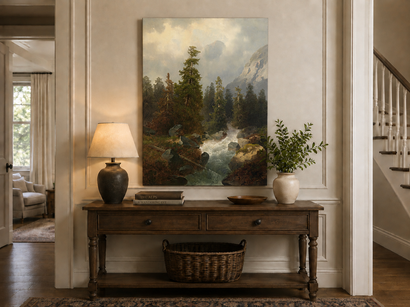 Peinture à l'huile de paysage - Forêt de montagne avec ruisseau.
