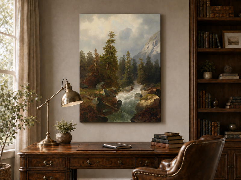 Peinture à l'huile de paysage - Forêt de montagne avec ruisseau.