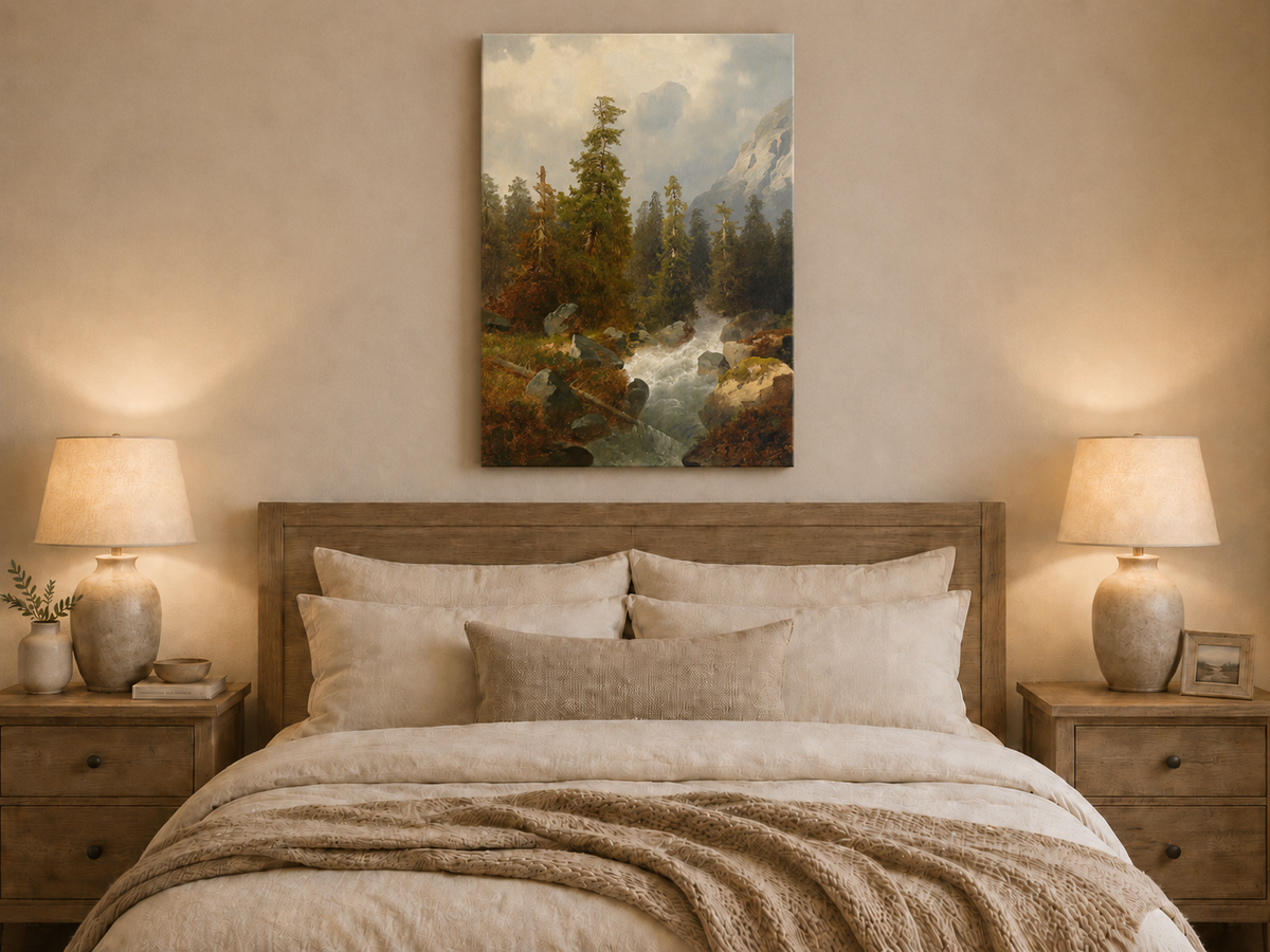 Peinture à l'huile de paysage - Forêt de montagne avec ruisseau.