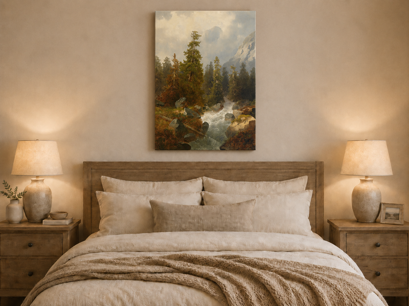 Peinture à l'huile de paysage - Forêt de montagne avec ruisseau.