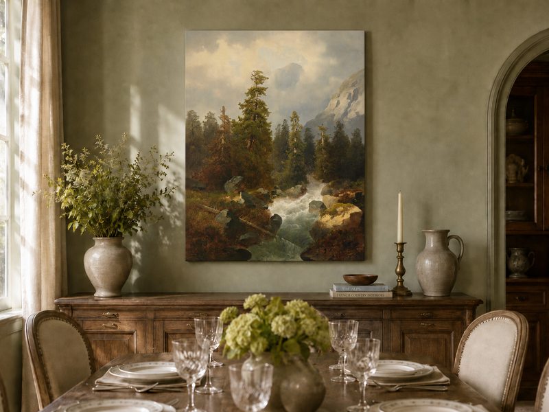 Peinture à l'huile de paysage - Forêt de montagne avec ruisseau.