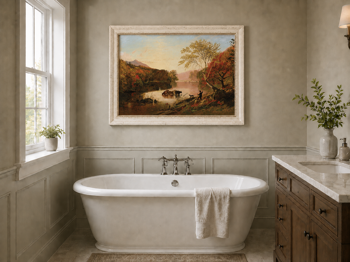 Landscape Oil Painting - Autumn River with Cows and Scarlet Trees