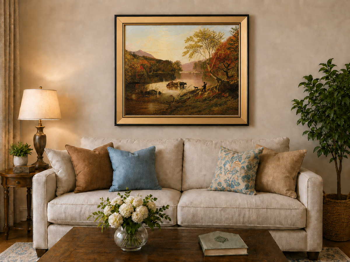 Landscape Oil Painting - Autumn River with Cows and Scarlet Trees