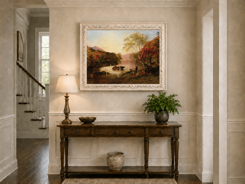 Landscape Oil Painting - Autumn River with Cows and Scarlet Trees