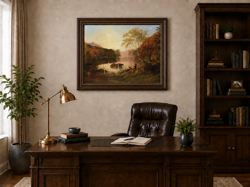 Landscape Oil Painting - Autumn River with Cows and Scarlet Trees