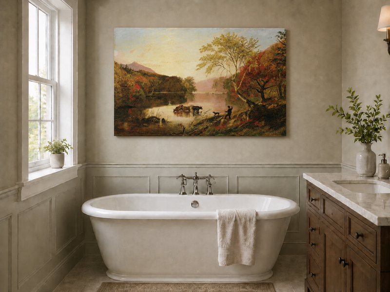 Landscape Oil Painting - Autumn River with Cows and Scarlet Trees