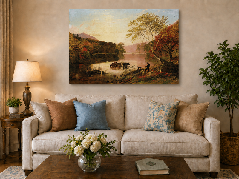 Landscape Oil Painting - Autumn River with Cows and Scarlet Trees
