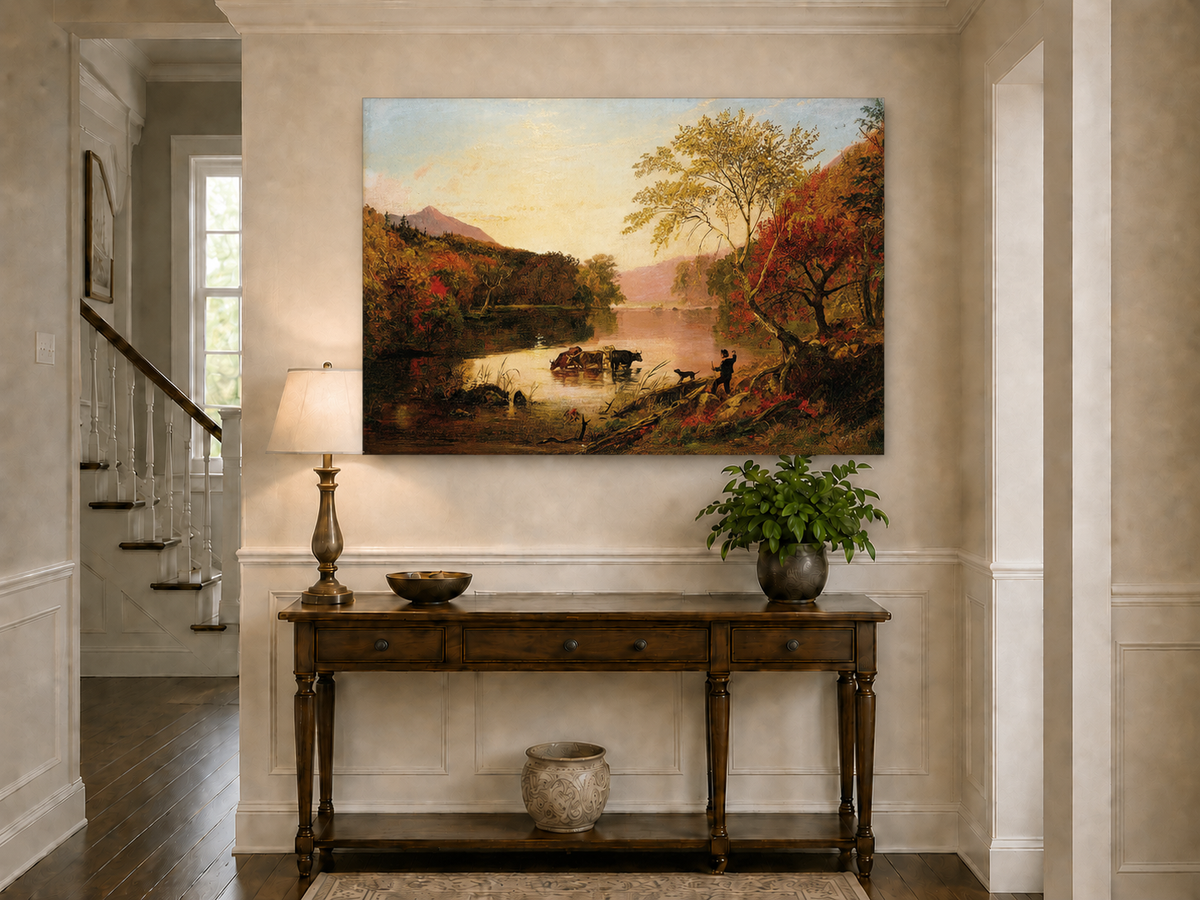 Landscape Oil Painting - Autumn River with Cows and Scarlet Trees