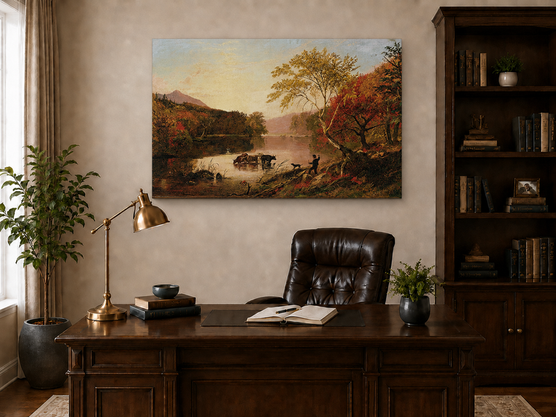 Landscape Oil Painting - Autumn River with Cows and Scarlet Trees