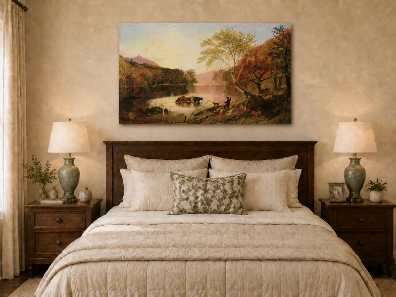 Landscape Oil Painting - Autumn River with Cows and Scarlet Trees