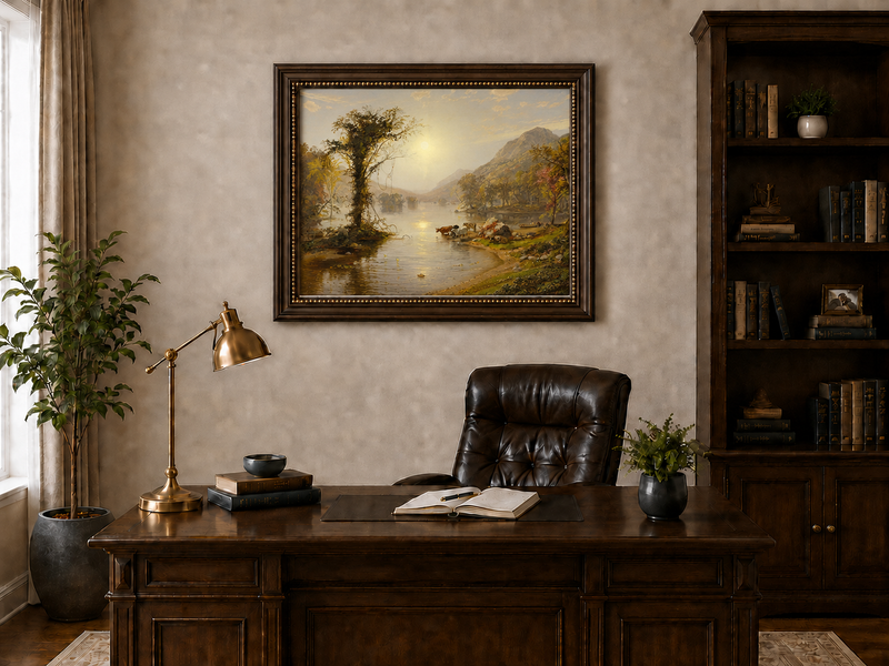 Landschaftsgemälde in Öl – Herbstliche Seenlandschaft mit Rindern