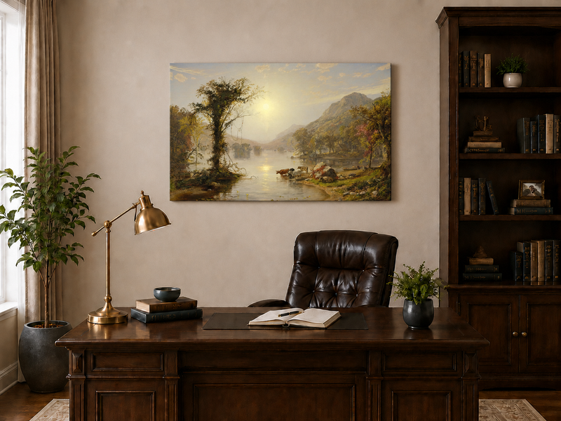Landschaftsgemälde in Öl – Herbstliche Seenlandschaft mit Rindern