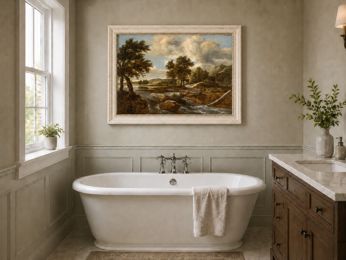 Peinture à l'huile de paysage - Gouffre rocheux spectaculaire avec personnages