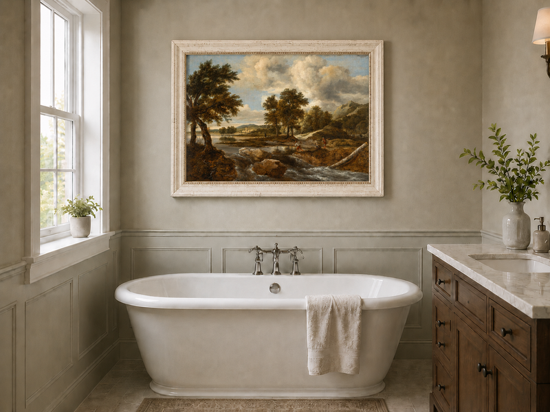 Peinture à l'huile de paysage - Gouffre rocheux spectaculaire avec personnages