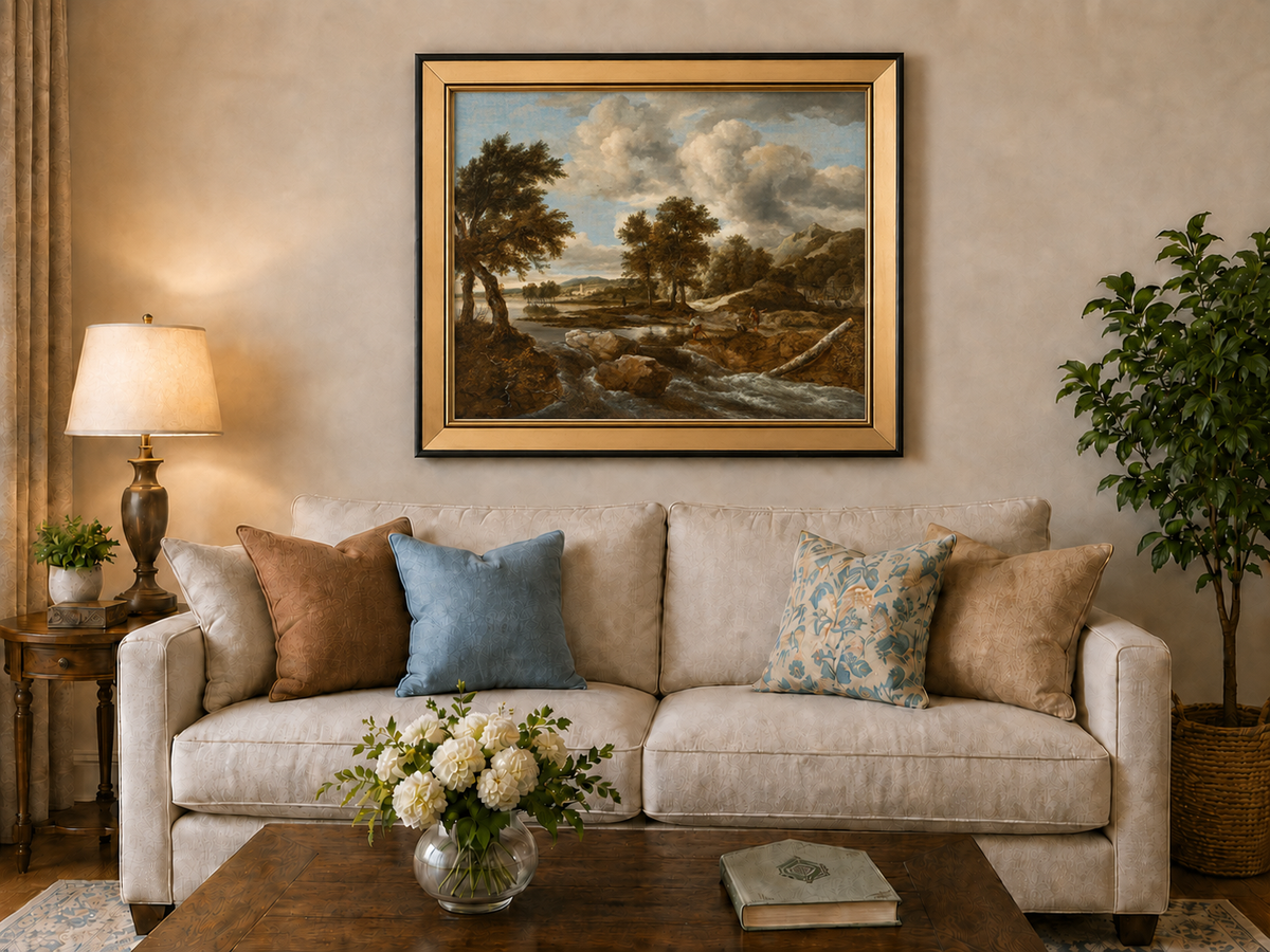 Peinture à l'huile de paysage - Gouffre rocheux spectaculaire avec personnages