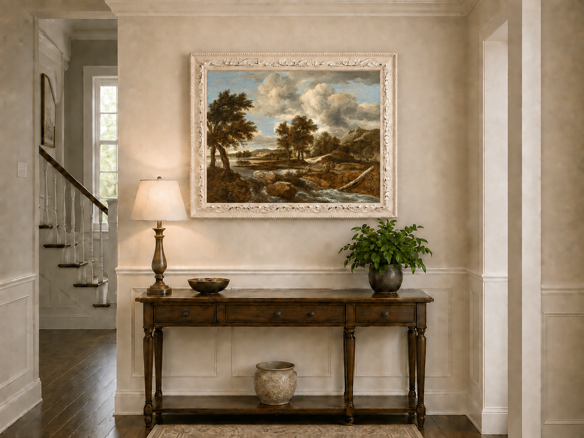 Peinture à l'huile de paysage - Gouffre rocheux spectaculaire avec personnages