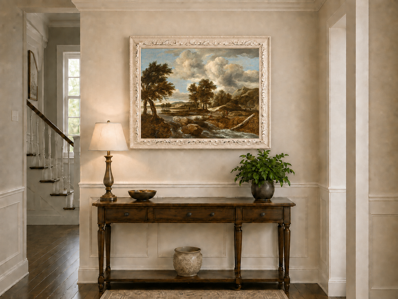 Peinture à l'huile de paysage - Gouffre rocheux spectaculaire avec personnages