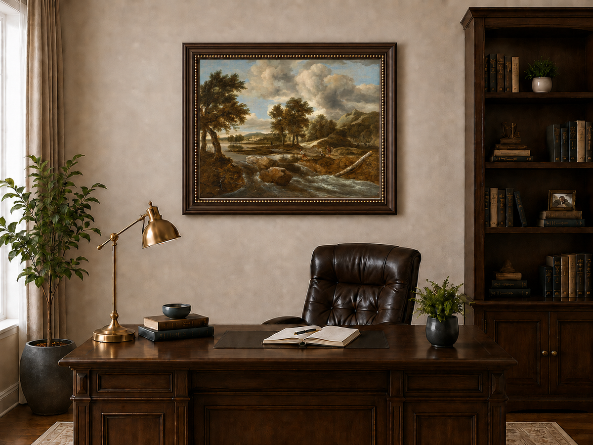 Peinture à l'huile de paysage - Gouffre rocheux spectaculaire avec personnages