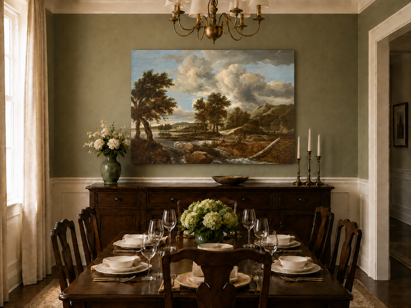 Peinture à l'huile de paysage - Gouffre rocheux spectaculaire avec personnages