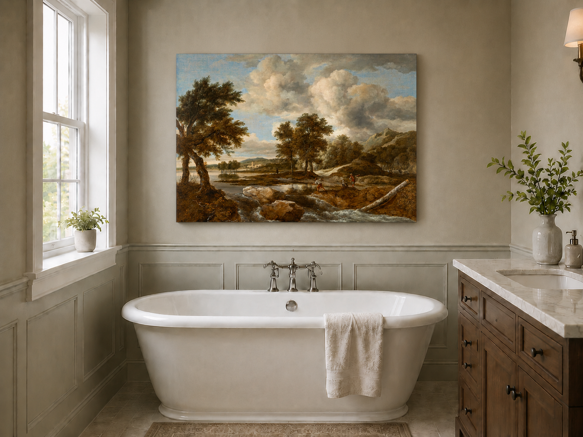 Peinture à l'huile de paysage - Gouffre rocheux spectaculaire avec personnages