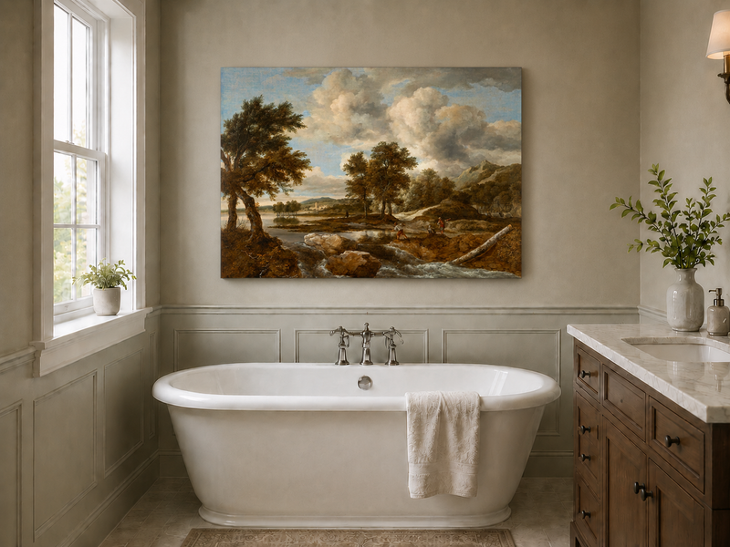 Peinture à l'huile de paysage - Gouffre rocheux spectaculaire avec personnages