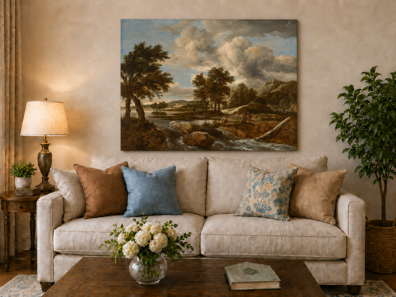 Peinture à l'huile de paysage - Gouffre rocheux spectaculaire avec personnages