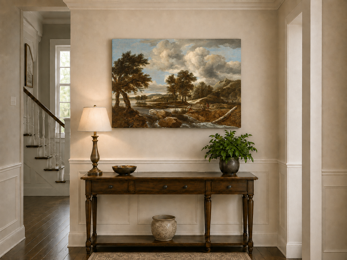 Peinture à l'huile de paysage - Gouffre rocheux spectaculaire avec personnages