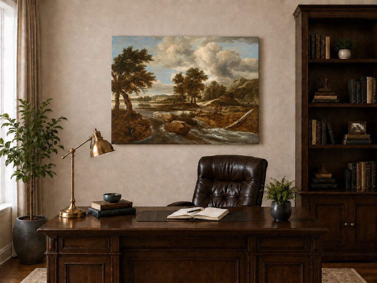Peinture à l'huile de paysage - Gouffre rocheux spectaculaire avec personnages