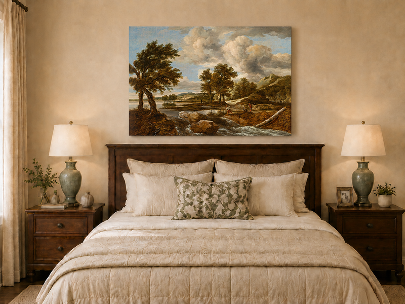 Peinture à l'huile de paysage - Gouffre rocheux spectaculaire avec personnages
