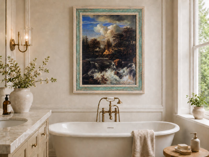 Landscape Oil Painting - Waterfall Rapids and Hilltop House