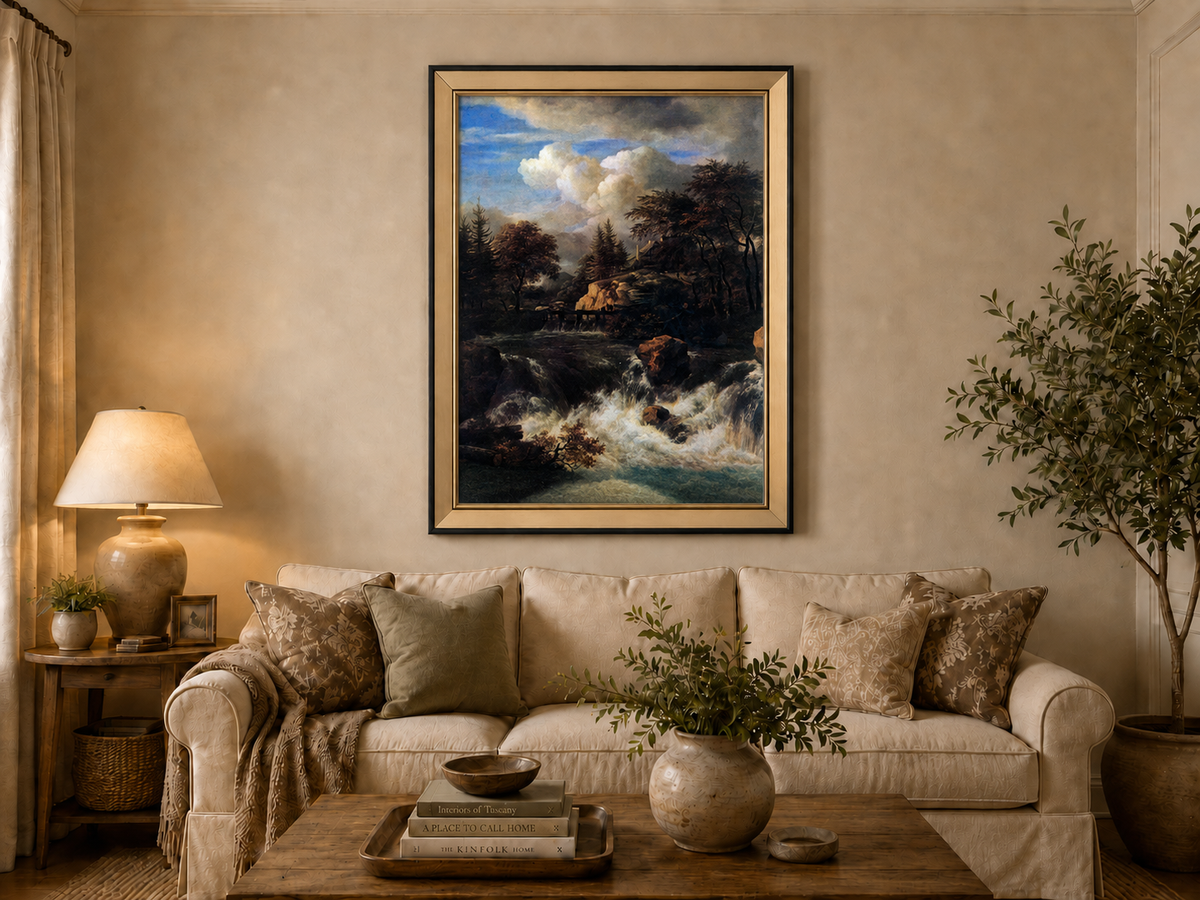 Landscape Oil Painting - Waterfall Rapids and Hilltop House