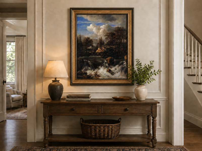Landscape Oil Painting - Waterfall Rapids and Hilltop House