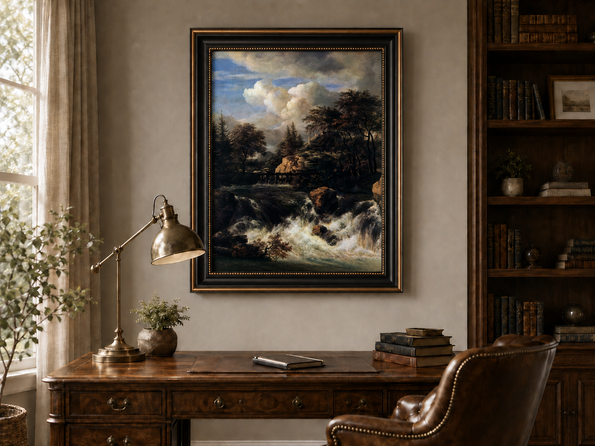 Landscape Oil Painting - Waterfall Rapids and Hilltop House