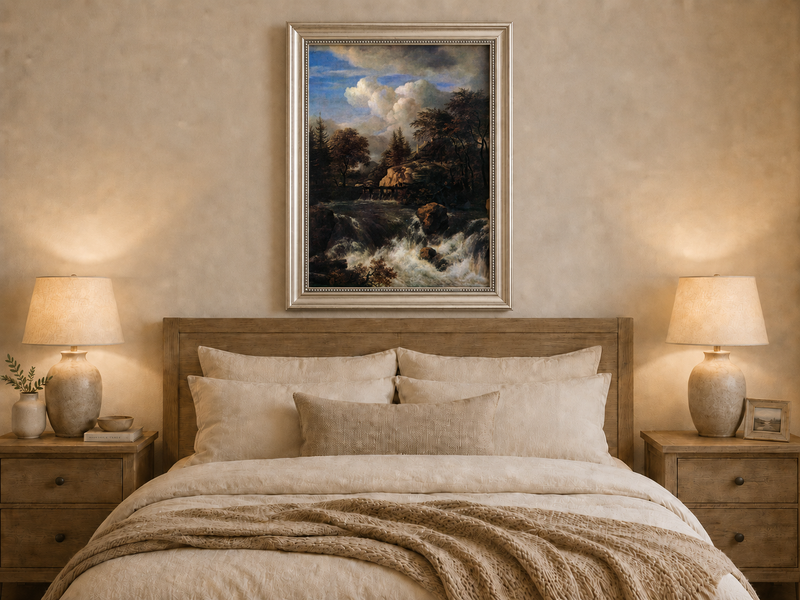 Landscape Oil Painting - Waterfall Rapids and Hilltop House