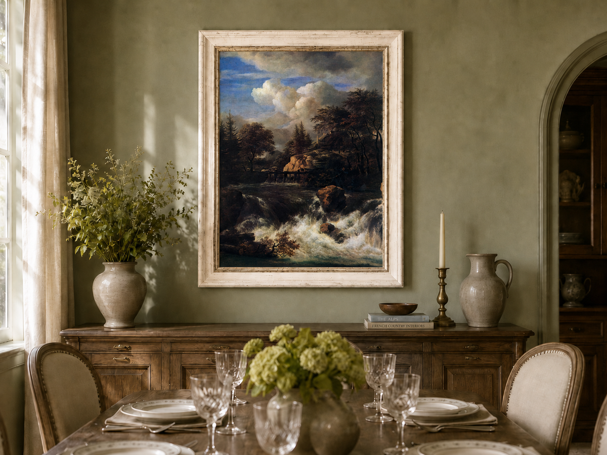 Landscape Oil Painting - Waterfall Rapids and Hilltop House
