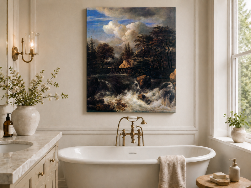 Landscape Oil Painting - Waterfall Rapids and Hilltop House