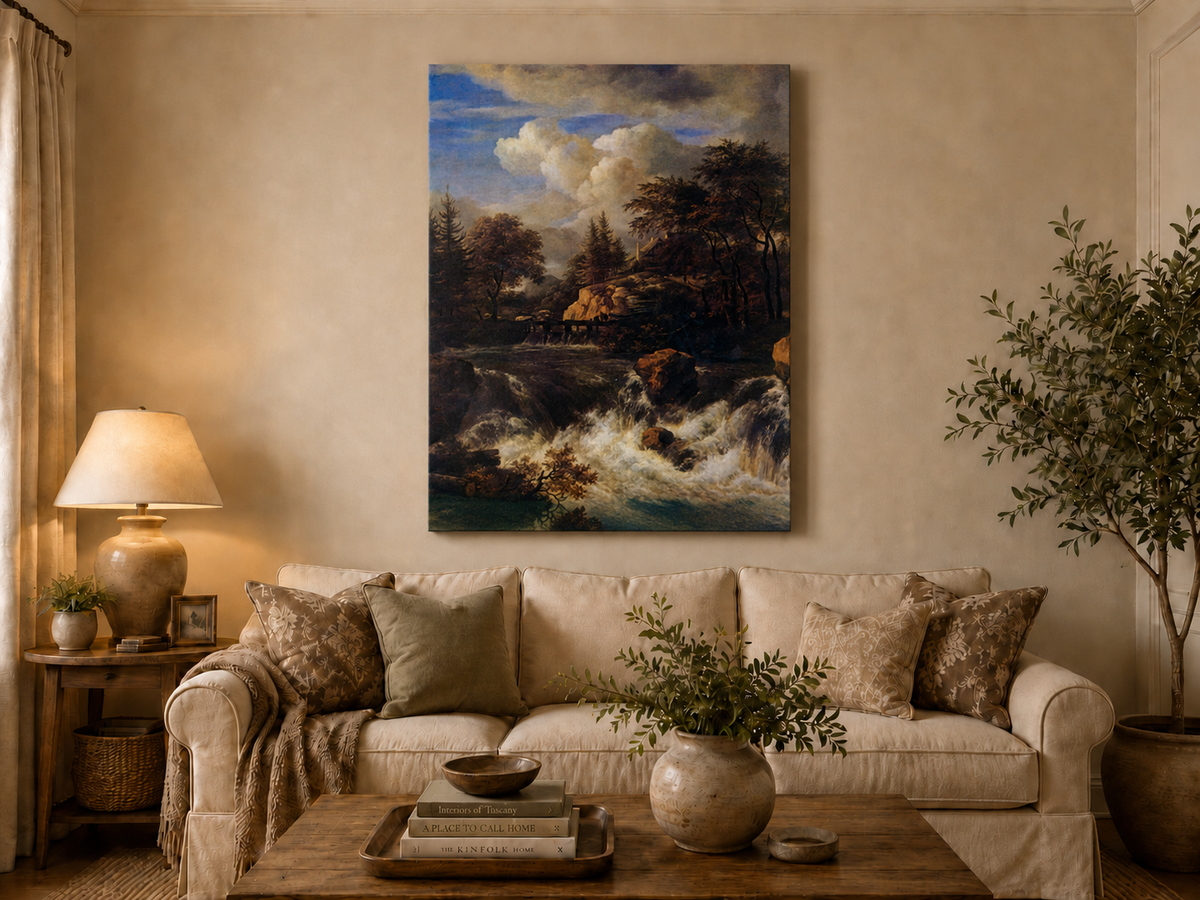 Landscape Oil Painting - Waterfall Rapids and Hilltop House