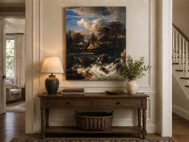 Landscape Oil Painting - Waterfall Rapids and Hilltop House