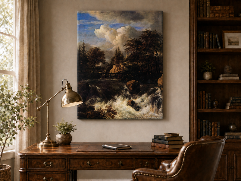 Landscape Oil Painting - Waterfall Rapids and Hilltop House