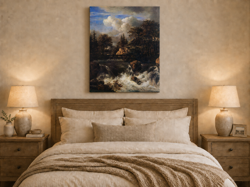 Landscape Oil Painting - Waterfall Rapids and Hilltop House