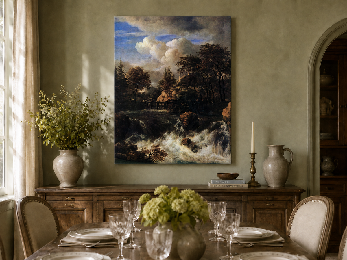 Landscape Oil Painting - Waterfall Rapids and Hilltop House