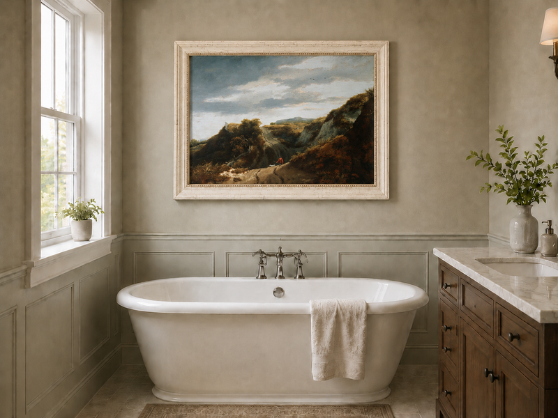 Peinture à l'huile de paysage - Chemin vallonné avec personnage et chien - Décoration murale