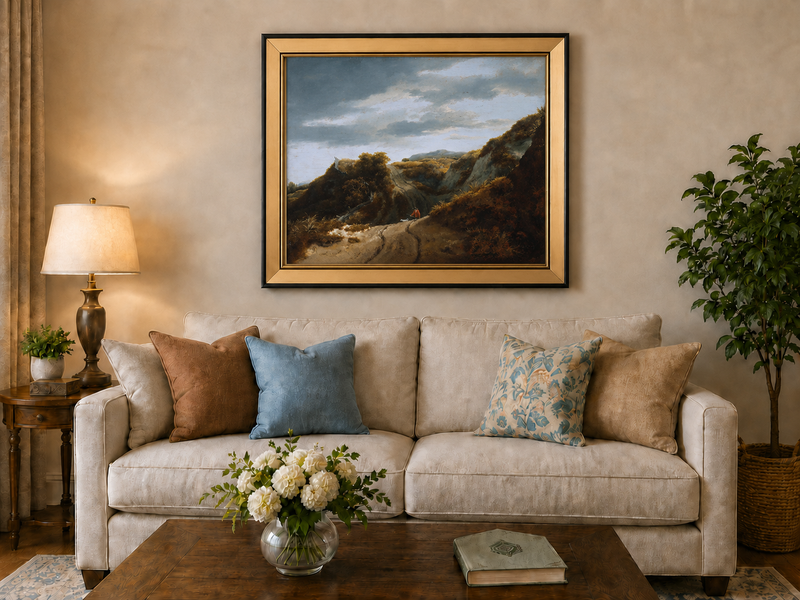 Peinture à l'huile de paysage - Chemin vallonné avec personnage et chien - Décoration murale