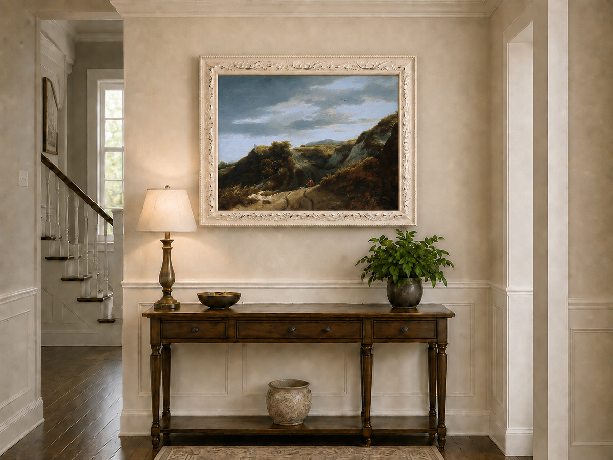 Peinture à l'huile de paysage - Chemin vallonné avec personnage et chien - Décoration murale