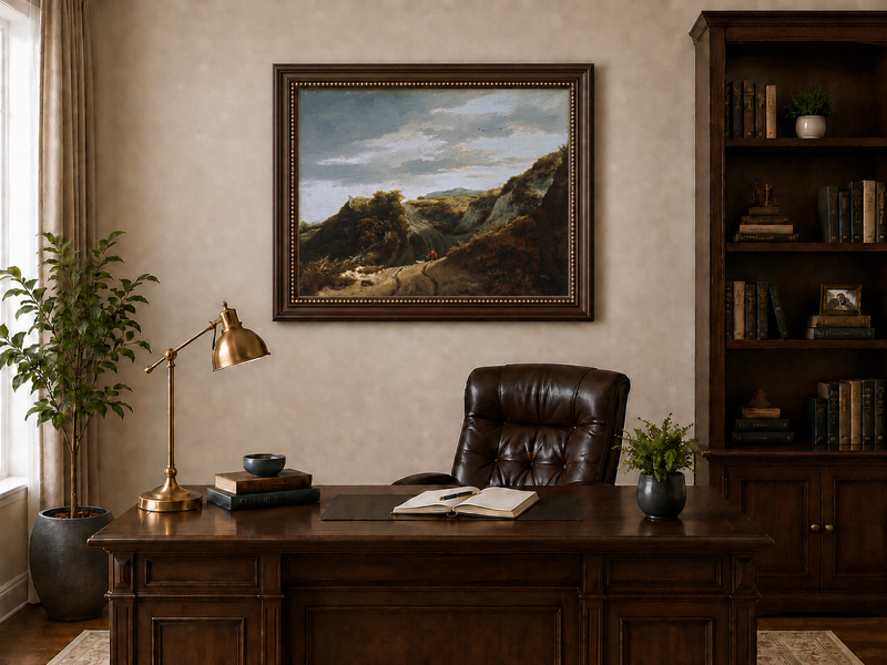 Peinture à l'huile de paysage - Chemin vallonné avec personnage et chien - Décoration murale