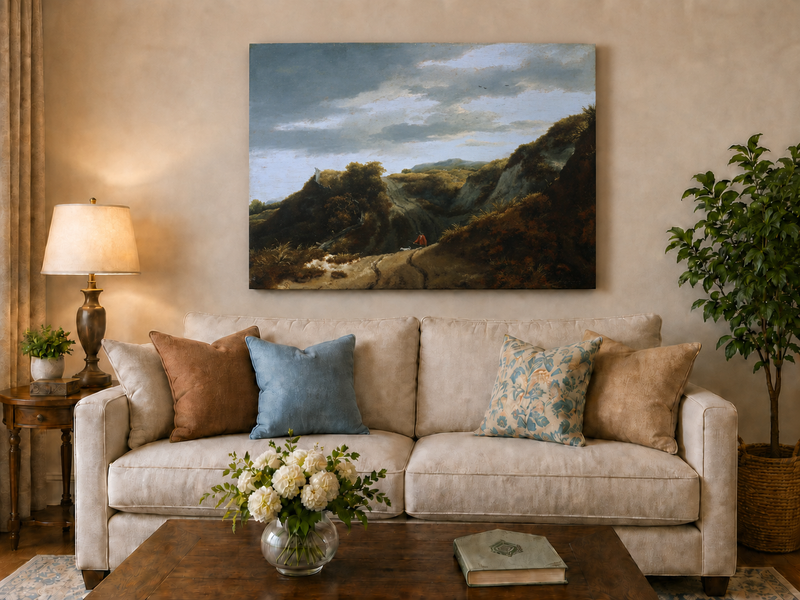 Peinture à l'huile de paysage - Chemin vallonné avec personnage et chien - Décoration murale