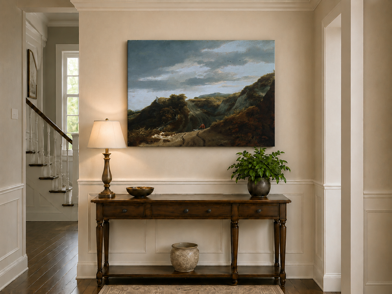Peinture à l'huile de paysage - Chemin vallonné avec personnage et chien - Décoration murale