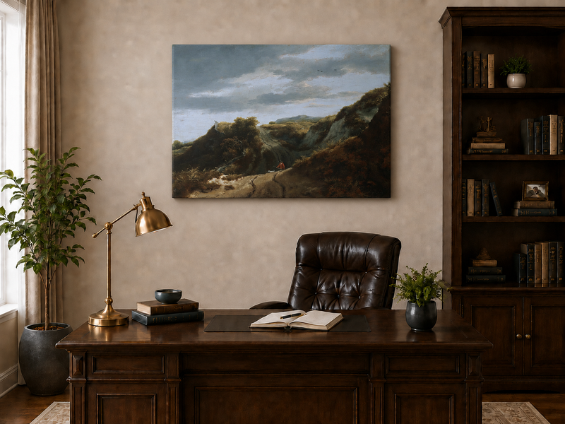 Peinture à l'huile de paysage - Chemin vallonné avec personnage et chien - Décoration murale