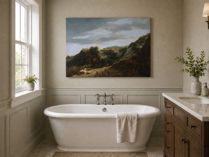 Peinture à l'huile de paysage - Chemin vallonné avec personnage et chien - Décoration murale